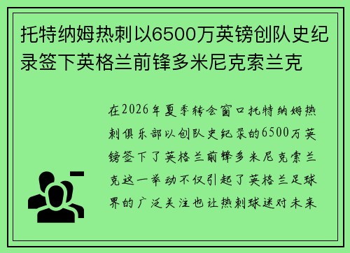 托特纳姆热刺以6500万英镑创队史纪录签下英格兰前锋多米尼克索兰克